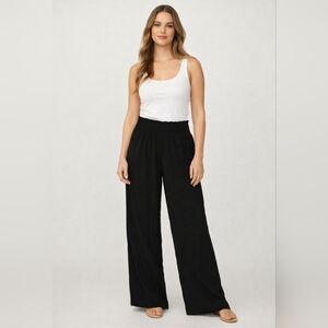 Wide Leg Classic Black Pants Pull on Elastic Stretch Ruched Waistband NWOT Women